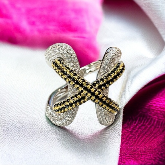 NEW Yellow & Black High Carbon Lab Sapphire Simulant Lace Up Wide Statement Ring - Picture 2 of 16